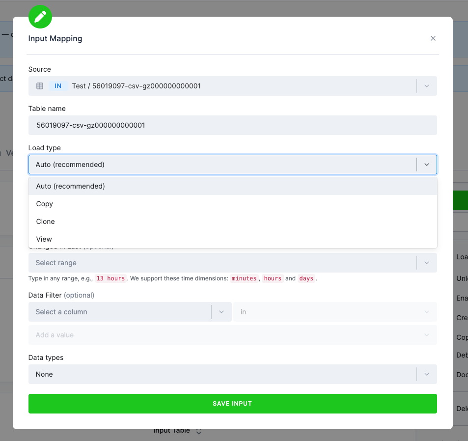 Load type options in the input mapping
